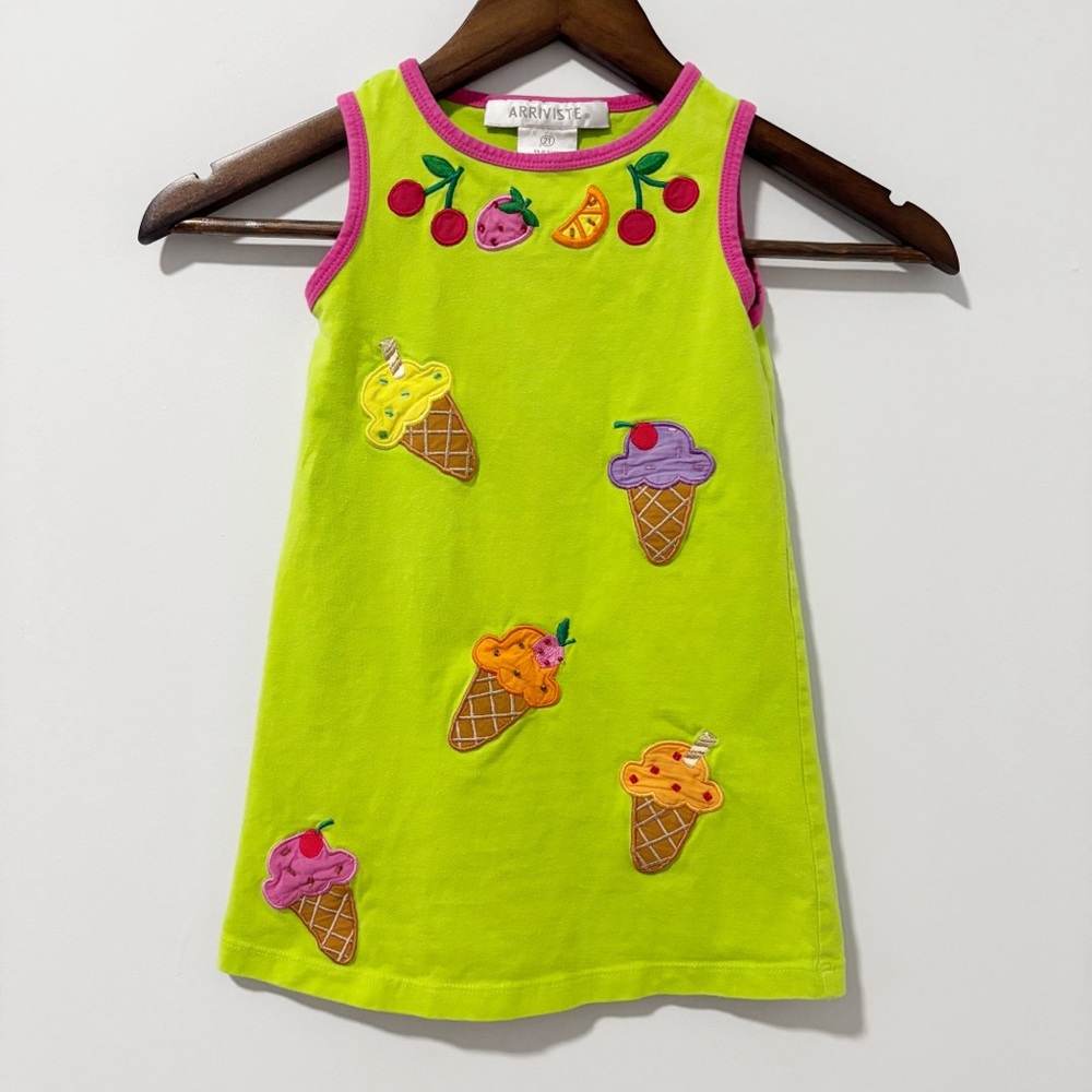 Arriviste Artsy Green Dress with Ice Cream and Fruit Appliqués Girls Size 2T